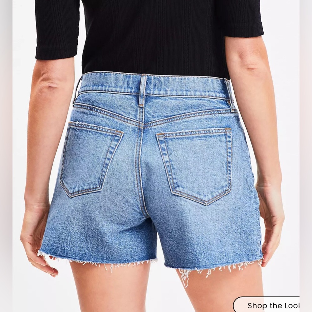 LOFT Destructed High Rise Cut Off Denim Shorts in Authentic Dark Wash 30/10 - Picture 3 of 10